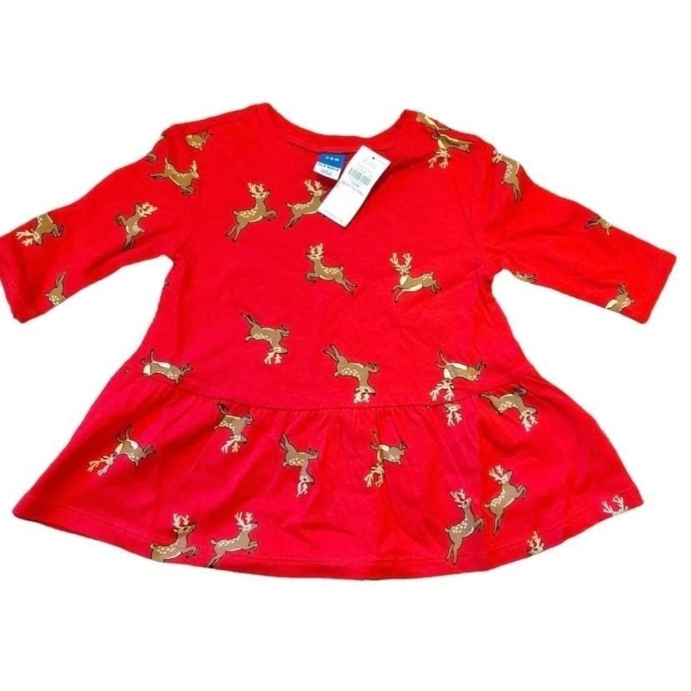 Old Navy NWT Long Sleeve Reindeer Printed Drop Waist Dress Red 3-6 Months